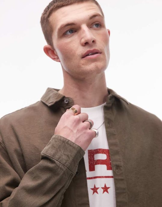 Topman långärmad tvättad canvas overskjorta i khaki - Image 2