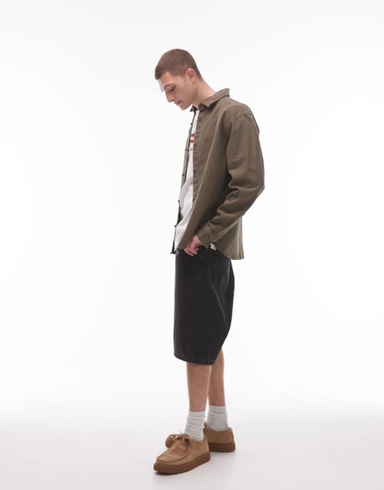 Topman långärmad tvättad canvas overskjorta i khaki - Image 3