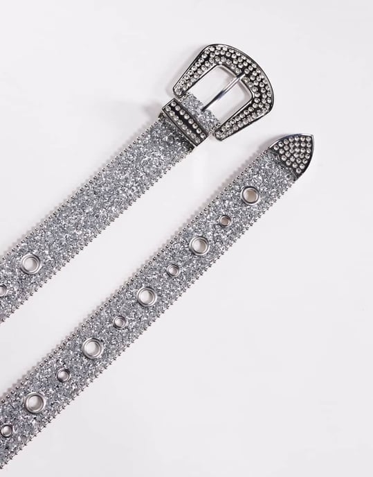 ASOS DESIGN western cowboy eyelet belt in silver glitter faux leather - Image 2