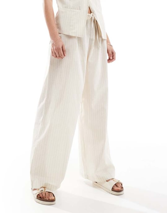Esmee Exclusive beach trouser co-ord in beige and white stripe - Image 2