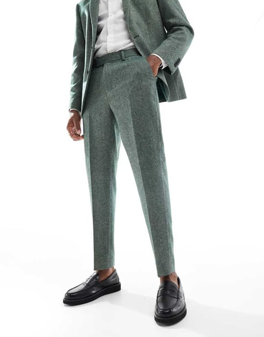 ASOS DESIGN tapered fit ullmix kostymbyxor i flaska grön tweed - Image 2