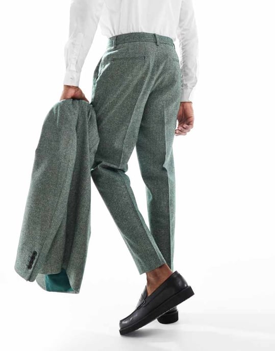 ASOS DESIGN tapered fit ullmix kostymbyxor i flaska grön tweed - Image 4