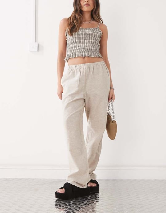 Monki linen trousers in beige exclusive to ASOS - Image 3
