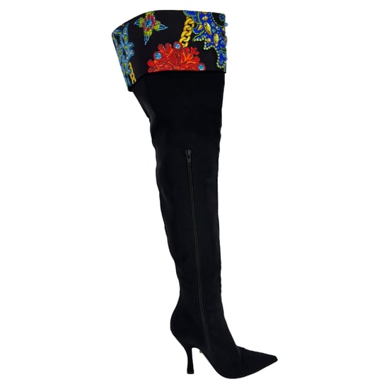 Versace Over The Knee Boots w/ Crystals in Black Cotton - Image 1