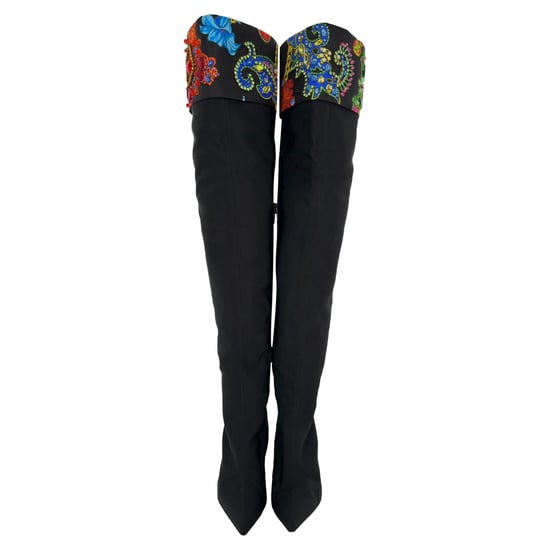 Versace Over The Knee Boots w/ Crystals in Black Cotton - Image 2