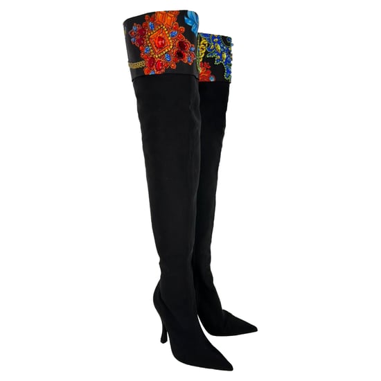 Versace Over The Knee Boots w/ Crystals in Black Cotton - Image 3