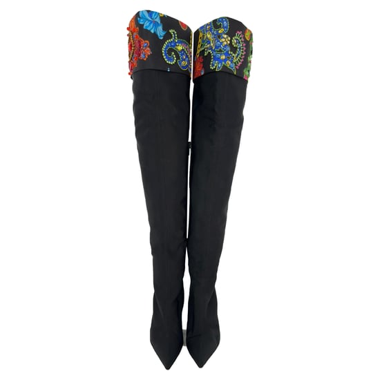 Versace Over The Knee Boots w/ Crystals in Black Cotton - Image 4