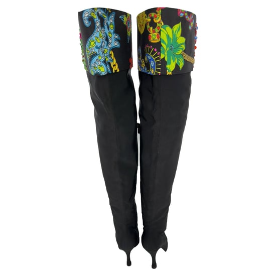 Versace Over The Knee Boots w/ Crystals in Black Cotton - Image 5