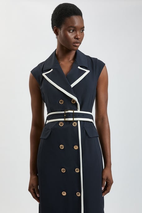 Compact Stretch Double Breasted Belted Tipped Tailored Midi Dress - Image 4