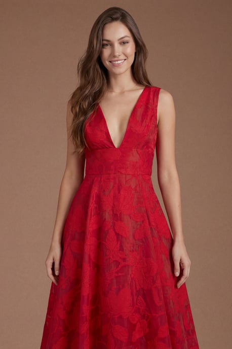 Plunge V Full Skirted Jacquard Midi Dress - Image 3