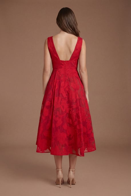 Plunge V Full Skirted Jacquard Midi Dress - Image 4