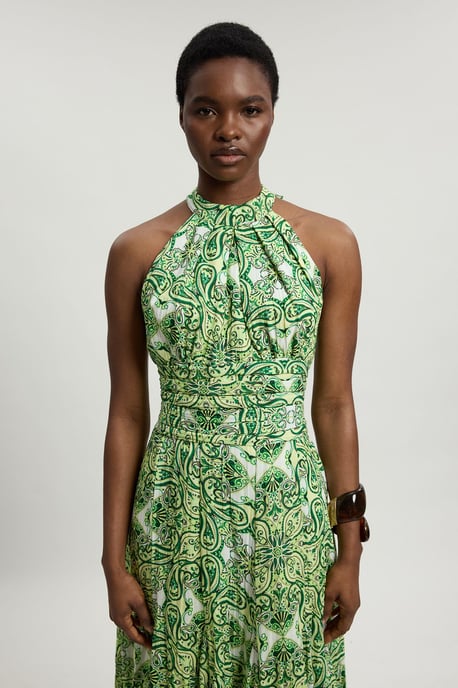 Double Cloth Tile Print Halterneck Midi Dress - Image 4