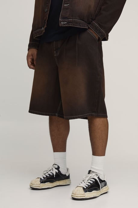 Plus Tinted Washed Pleat Front Parachute Longline Denim Jorts - Image 1