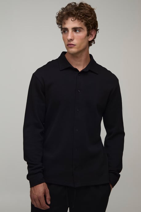 Slim Fit Pique Button Down Collar Jersey Long Sleeve Shirt - Image 1