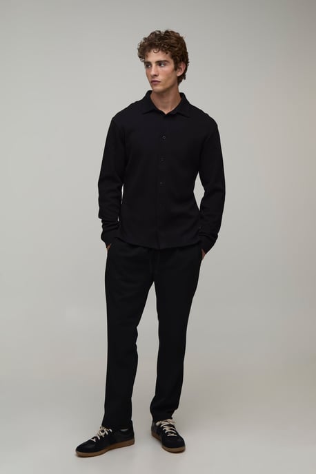 Slim Fit Pique Button Down Collar Jersey Long Sleeve Shirt - Image 4
