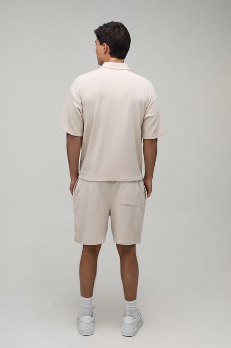 Oversized Boxy Waffle Zip Neck Polo & Baggy Shorts Set - Image 2