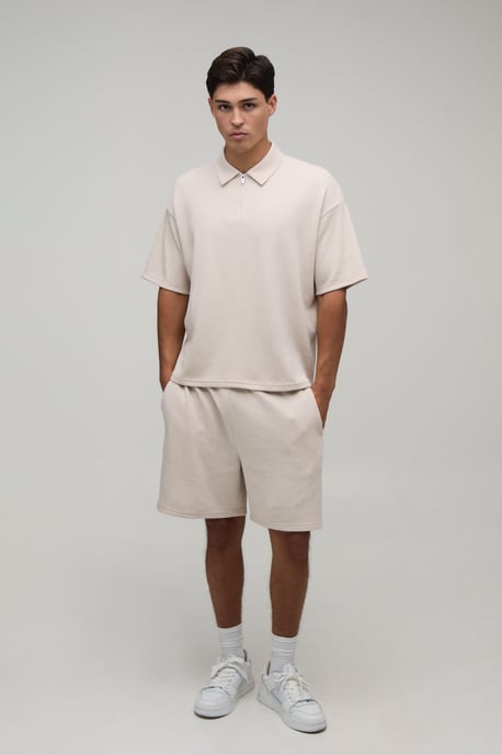 Oversized Boxy Waffle Zip Neck Polo & Baggy Shorts Set - Image 4