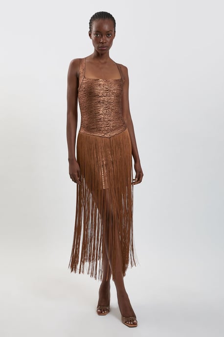 Foil Metallic Figure Form Bandage Fringed Knit Maxi Dress - Image 1