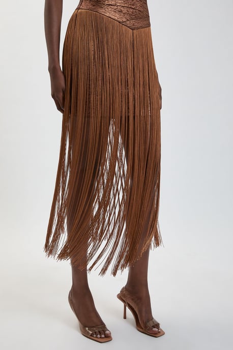 Foil Metallic Figure Form Bandage Fringed Knit Maxi Dress - Image 2
