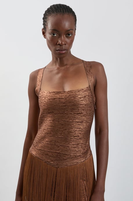 Foil Metallic Figure Form Bandage Fringed Knit Maxi Dress - Image 3