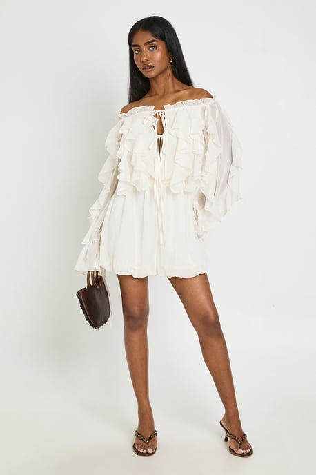 Bardot Ruffle Detail Textured Chiffon Playsuit - Image 3