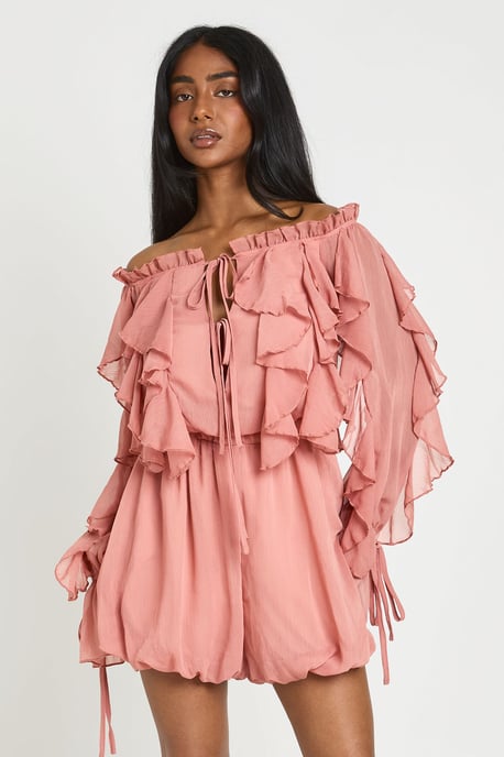 Bardot Ruffle Detail Textured Chiffon Playsuit - Image 1