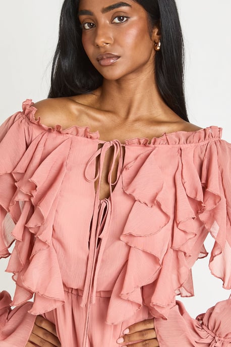 Bardot Ruffle Detail Textured Chiffon Playsuit - Image 4
