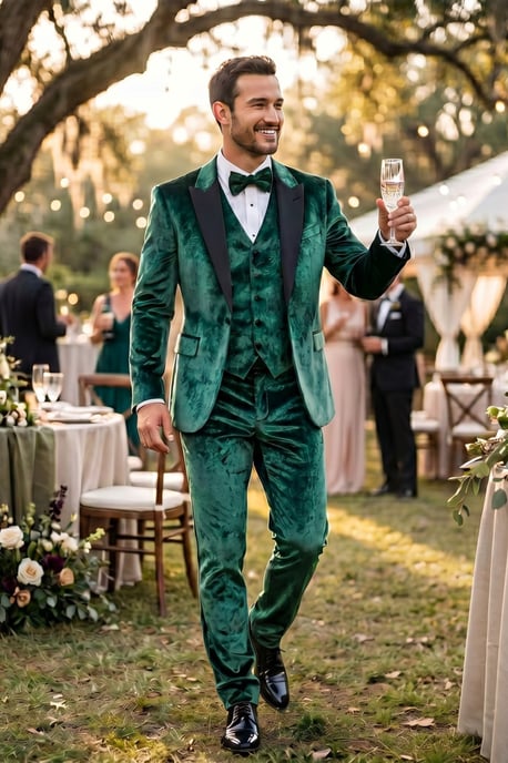 Heren Groen3 Delige fluwelen trouw Tuxedo formeel pak - AK2 - Image 3