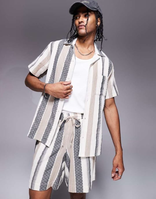 South Beach textured short sleeve beach shirt in multi stripe - Image 2