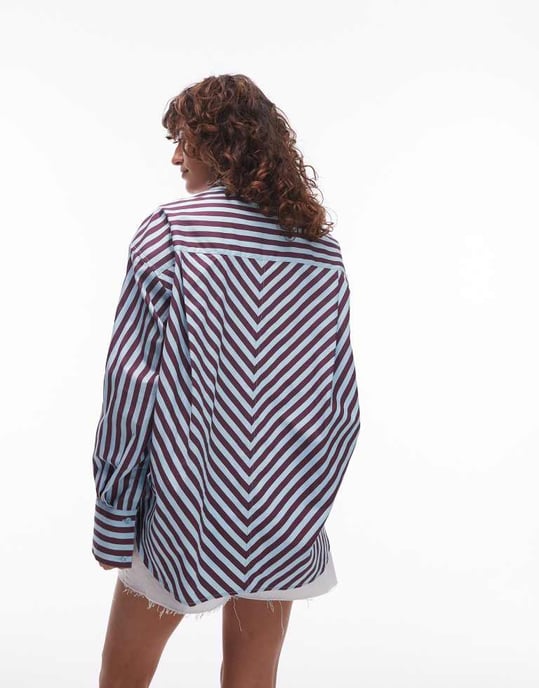 Topshop poplin super oversized långlinjeskjorta i ljusblå och vinröd rand - Image 4
