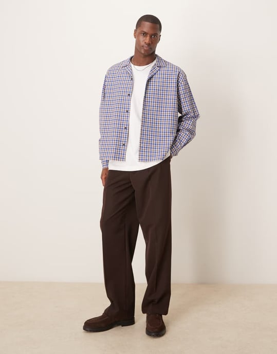 ASOS DESIGN oversized boxy kavajskjorta i blå rutigt - Image 3