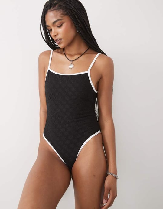 Lioness Mademoiselle contrast trim low back broderie swimsuit in black - Image 4