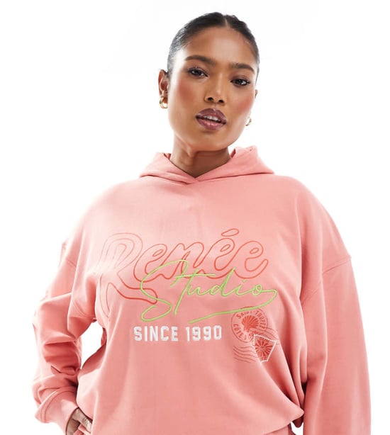 Renee Studio Plus exclusive embroidered logo graphic hoodie co-ord in peach - Image 1