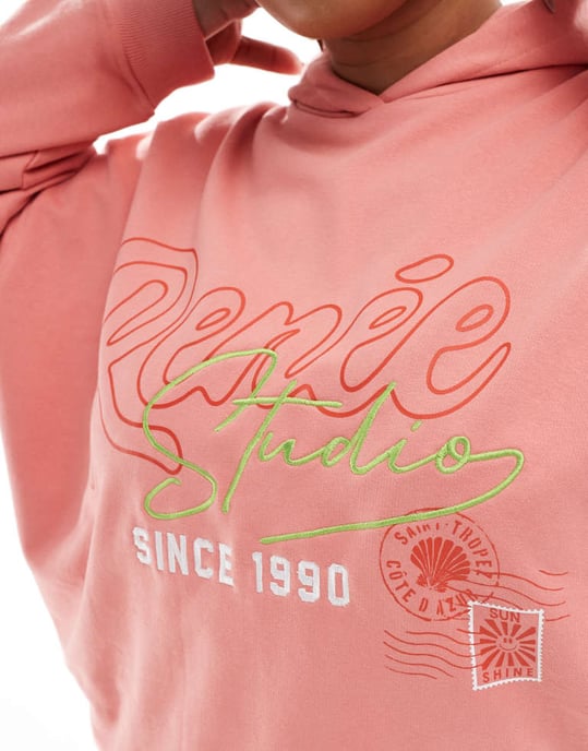 Renee Studio Plus exclusive embroidered logo graphic hoodie co-ord in peach - Image 3
