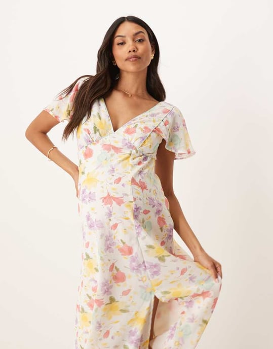ASOS DESIGN Gravid sömdetalj midi teklänning i pastellblommig design - Image 2