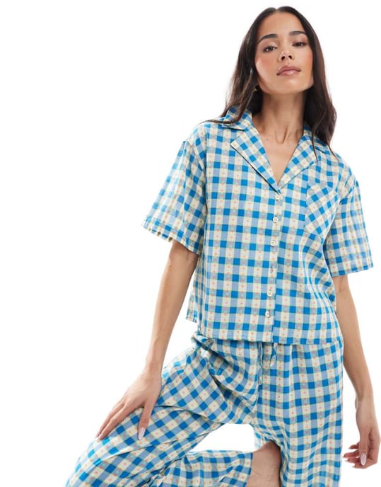 Daisy Street floral check pyjama shirt - Image 1