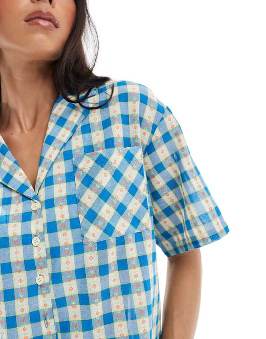 Daisy Street floral check pyjama shirt - Image 4