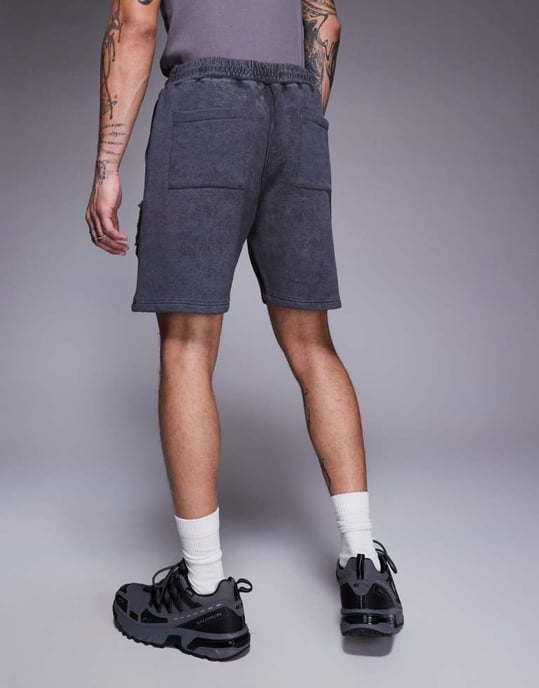 Liquor N Poker applique patch and stud logo jersey shorts in grey - Image 3