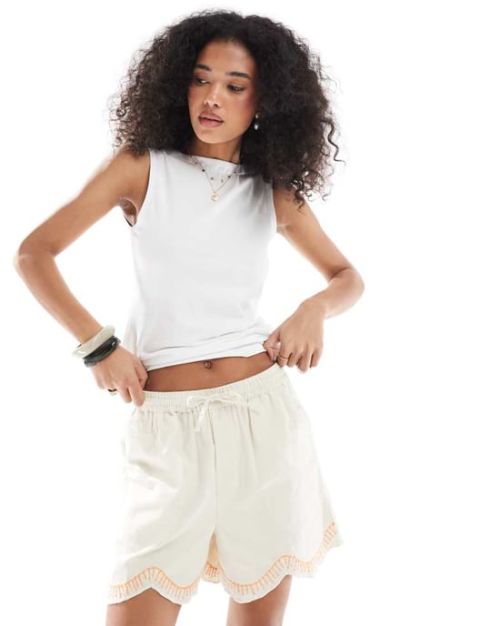 Native Youth beach embroidered scallop edge shorts in white - Image 1