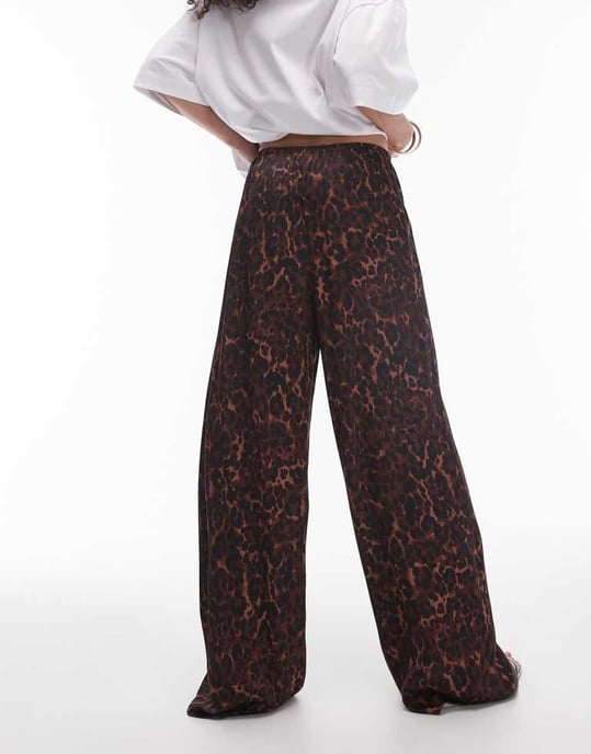 Topshop leopard printed satin straight leg tie waist trouser in dark leopard - Image 3