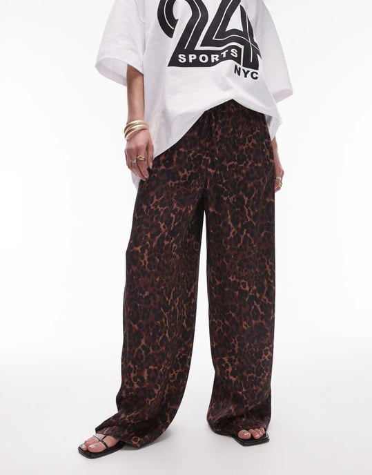 Topshop leopard printed satin straight leg tie waist trouser in dark leopard - Image 4