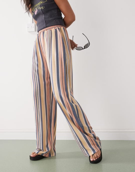 Återvunnen vintage linne-look byxa med ränder att dra på - Image 3