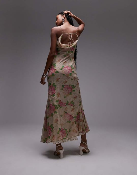 Topshop double layered satin and chiffon maxi slip dress in print ivory and pink rose - Image 3