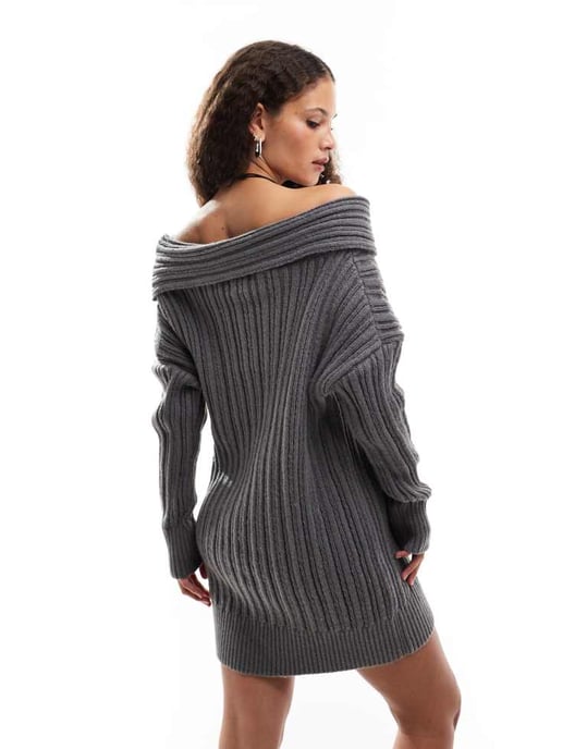 Emory Park chunky cable knit off-shoulder knitted mini dress in charcoal - Image 3