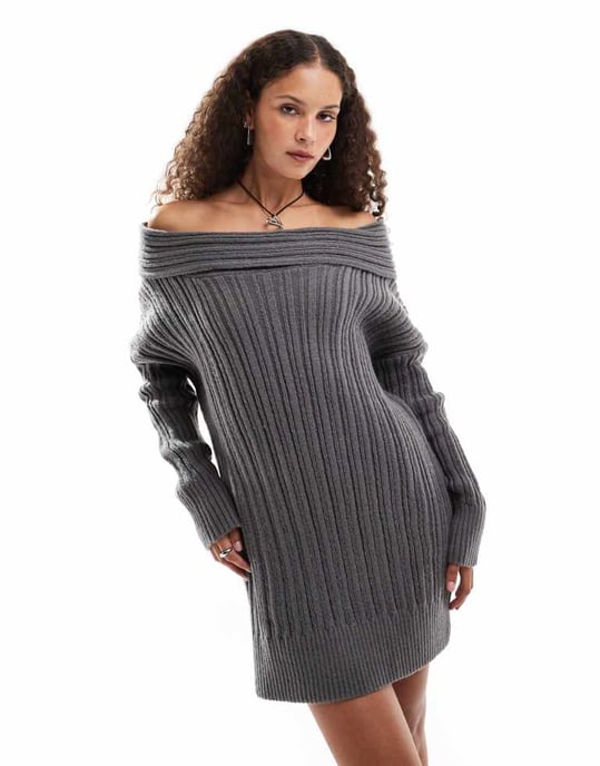 Emory Park chunky cable knit off-shoulder knitted mini dress in charcoal - Image 4