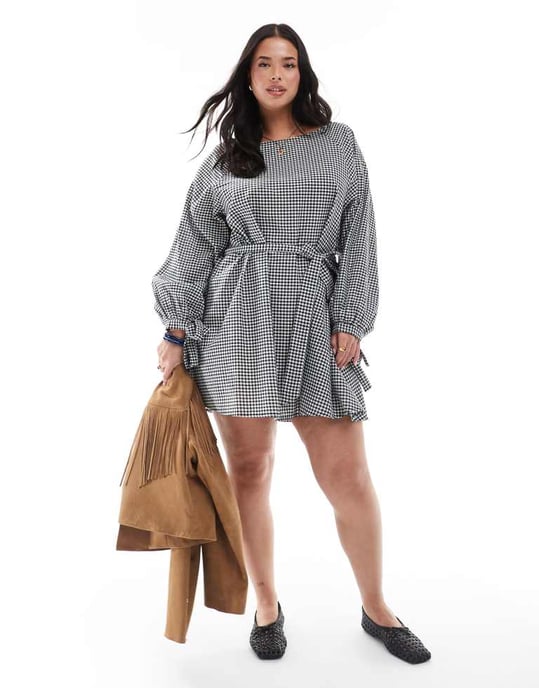 Esmee Curve Exclusive three quarter sleeve mini beach dress in black and white gingham - Image 2