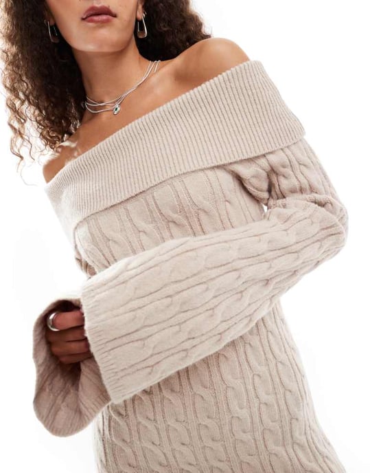 Emory Park cable knit off-shoulder chunky knitted dress in oatmeal - Image 3