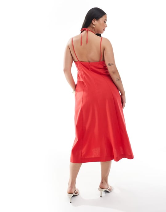 Renee Studio Plus exclusive linen look halterneck gold seashell hardware detail strappy midi dress in red - Image 4