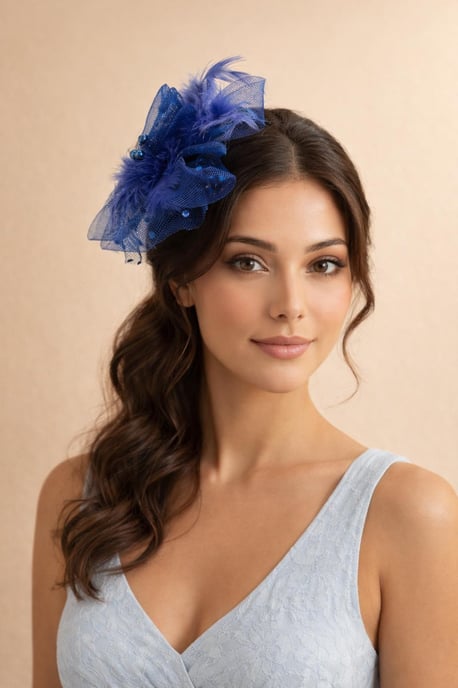 Rosette Faux Pearl & Polka Veil Feather Fascinator in Navy - Image 1
