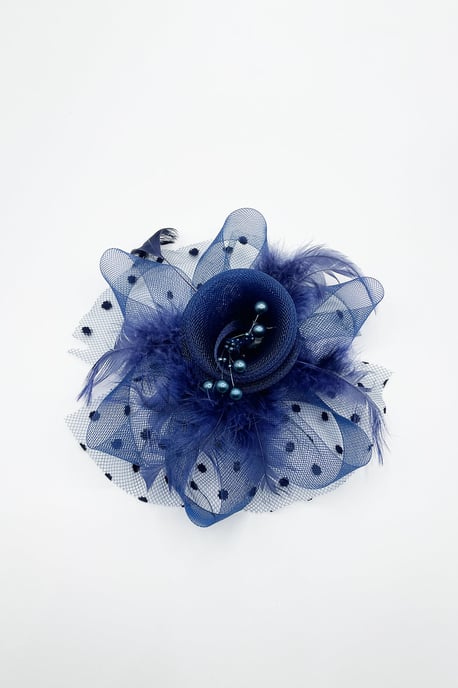 Rosette Faux Pearl & Polka Veil Feather Fascinator in Navy - Image 2